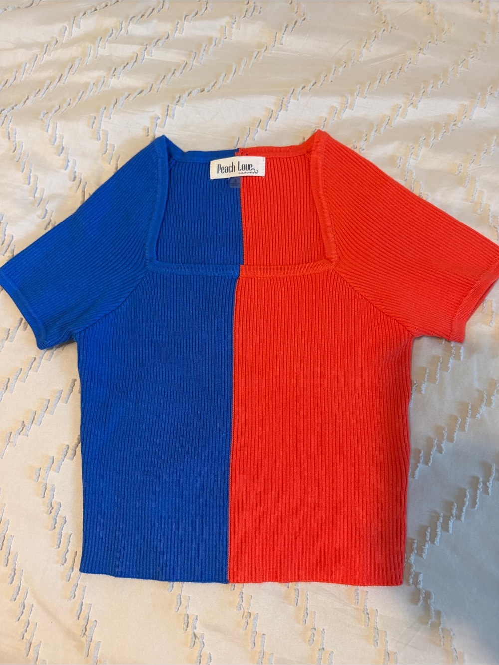 Peach Love California Girls' Blue & Red Ribbed Square Neck Colorblock Top